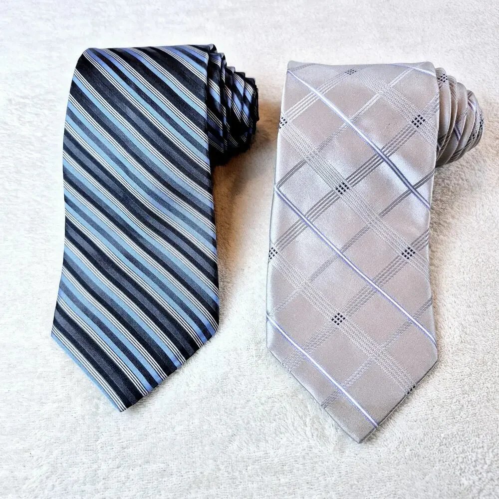 Lot of 2 DKNY Donna Karan Designer Striped Blue & Gray 100% Silk Neckties